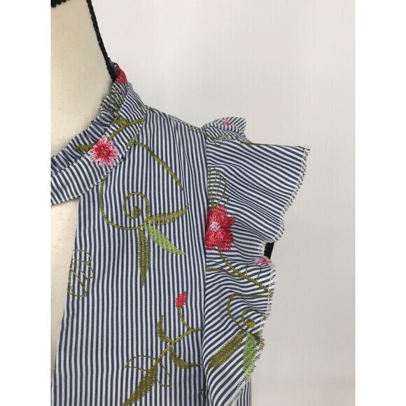 BCBGeneration Blue White Pinstripe Floral Embroidered High Neck Ruffle Top Small - Picture 11 of 12